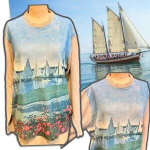 VINTAGE‎ 60s 70s sailboat knit sweater graphic boat nautical lake water sports